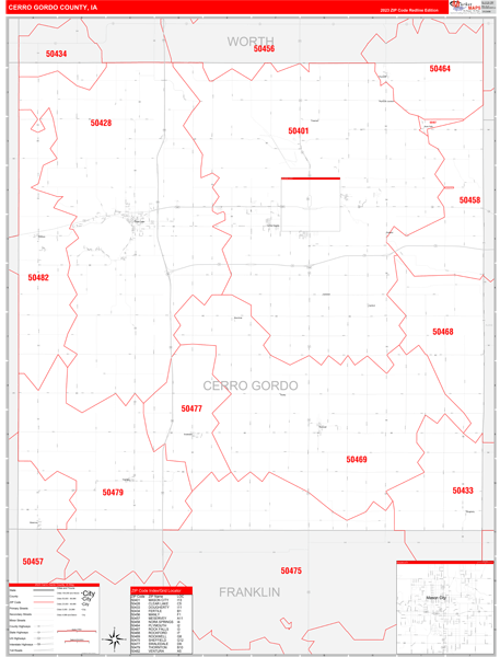 Cerro Gordo County, IA Wall Map Red Line Style